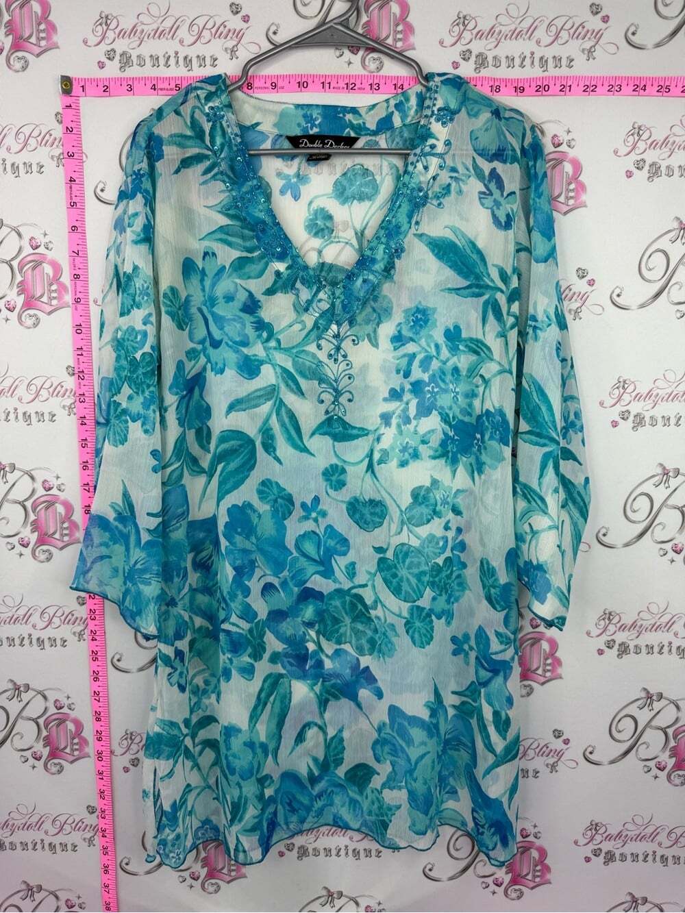 Double Decker coverup mini dress. Ranch Teal Floral V-Neck Sheer beaded